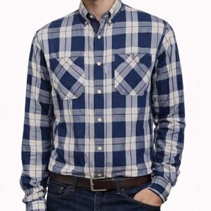 Jachs Linen Blend Shirt Men M Blue Plaid Pockets Button Down Long Sleeve